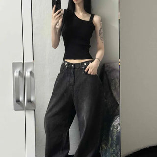 Loose-fit Washed Eyelet Wide Long Pants