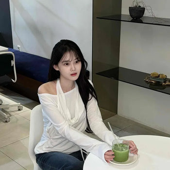 Loose Fit Plain Drape String Long Sleeve T-shirt
