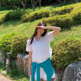 Loose Fit Shirred Tiered Short Sleeve Blouse