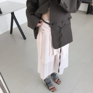 Chiffon Pleated Double Midi Skirt Elastic Flare Unique Layered Skirt