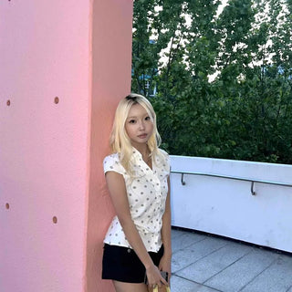 Button Shirred Dot Button-Down Short Sleeve Blouse