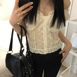 Frill Shirred Flower Fitted Date Look Blouse