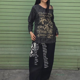 String Graphic Lettering Loose Fit Wide Long Pants
