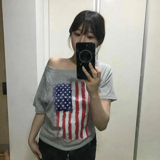 Printed Off-Shoulder Raglan Sleeve Loose Fit Daily Short Sleeve T-shirt