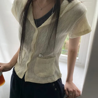 Kiki Punched Two-Pocket Short Sleeve Hooded Button Cardigan