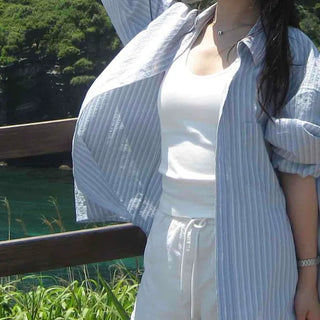 Button Stripe Button-Down Long Sleeve Oversized Shirt