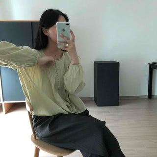 Loose-fit Striped Shirred Button Long Sleeve A-line Blouse