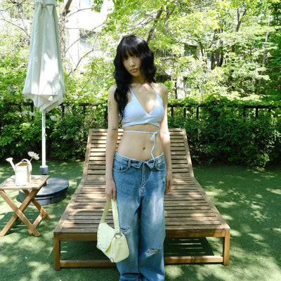 Fold-over denim pants