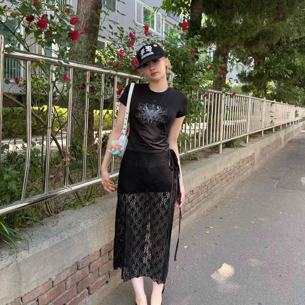 See-through String Straight H-Line Daily Long Skirt
