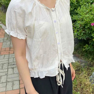 Shirred Frill String Plain Short Sleeve Blouse