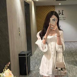 Shirred Button Loose Fit Plain Long Sleeve Two-Piece Set