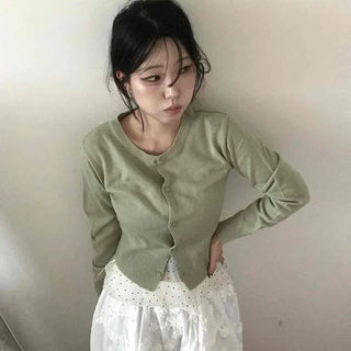 Seon Button Plain Slim Fit Long Sleeve Daily Cardigan
