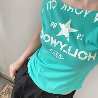 Lettering Graphic Loose Fit Sleeveless Short Sleeve T-shirt