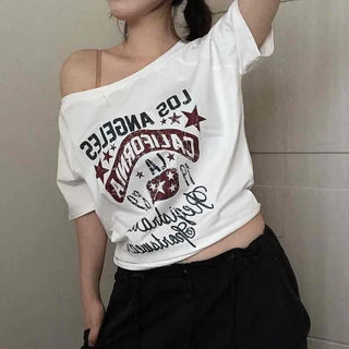 Lettering Numbering Off-Shoulder Oversized Daily Short-Sleeve T-Shirt