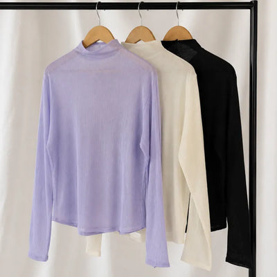 High-neck pleated blouse, unique wedding guest look, see-through layered long-sleeve tee