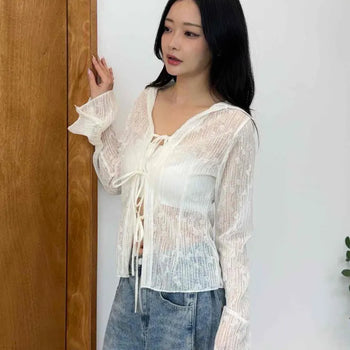 Regular Fit Plain Front Ribbon See-through Long Sleeve Blouse