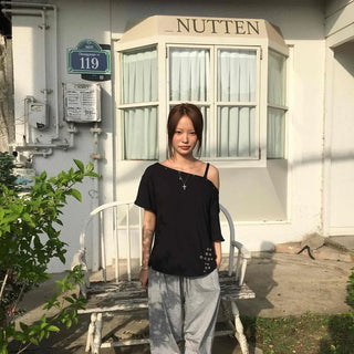 Loose Fit Oversized Plain Eyelet Short Sleeve T-shirt
