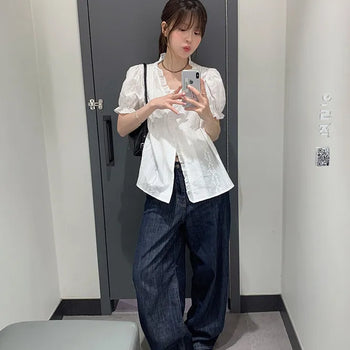 Eto Embroidered Short Sleeve Blouse V-Neck/Shirred Cardigan/Punched Cardigan/Daily/ Layered