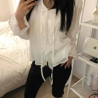 Frill Pintuck String Plain Long Sleeve Blouse