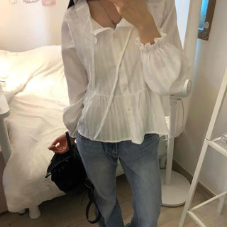 Frill Shirred Ribbon Button-Down Loose Fit Long Sleeve Blouse