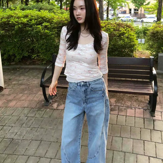 Washed Cut-out Wide Loose Fit Daily Long Pants