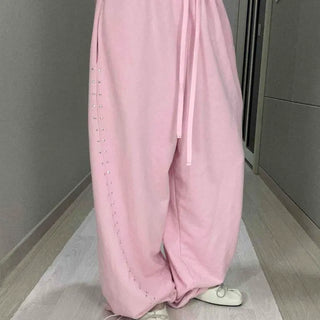 String Punching Wide Loose Fit Daily Long Pants