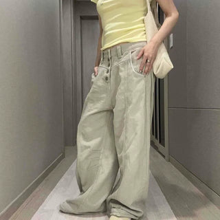 Button Washed Wide Daily Long Pants