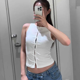 Slim Fit Plain Button Fitted Daily Sleeveless