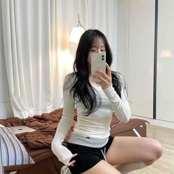 Slim Fit Fitted Shirred Plain Daily Long Sleeve T-shirt