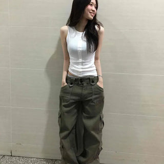 Cargo Pocket, Flap Pocket, Pintuck, Wide Loose Fit Long Pants
