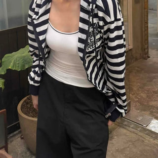 Loose Fit Striped Zip-Up Hooded Drawstring Long Sleeve Zip-Up