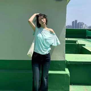 Plain Off-Shoulder Loose Fit Daily Short-Sleeve T-Shirt