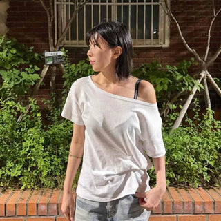 Loose Fit Plain Off-Shoulder Daily Short Sleeve T-Shirt