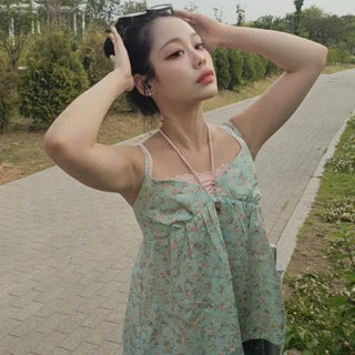 Shirred Ribbon Strap Relaxed Fit Flower A-Line Sleeveless