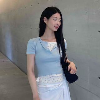 Slim Fit Plain Button Layered Short Sleeve T-shirt