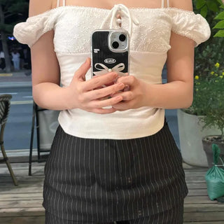 Off-shoulder Shirred Ribbon Strap Cap Sleeve Blouse