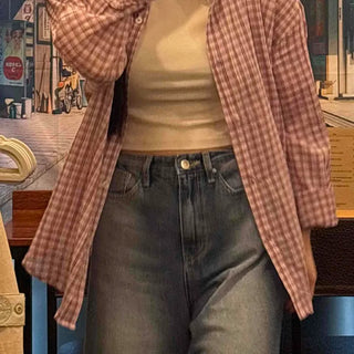 Button-down Gingham Check Loose Fit Daily Long Sleeve Shirt