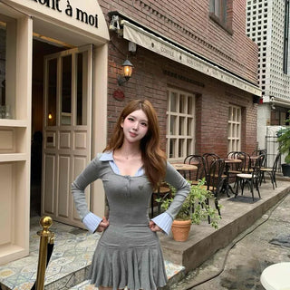 Button Contrast Frill Layered Fitted Long Sleeve Mini Dress
