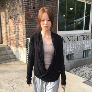 Loose-fit Plain Draped Shirred Wrap Long Sleeve Cardigan