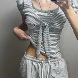 Ribbon Shirred Fitted Striped Daily Short Sleeve T-shirt