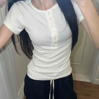 Monotone Half Button Line Short Sleeve T-shirt