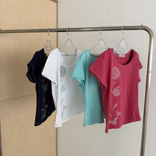 Rose Print Flower U-Neck Slim Short Sleeve Tee