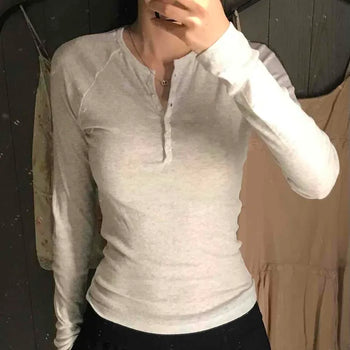 Slim Fit Plain Button Raglan Sleeve Daily Long Sleeve T-shirt