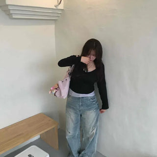 Rini Washed Button Wide Loose Fit Daily Long Pants