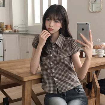 Loose Delicate Fit, Vintage Check Pintuck Cap Sleeve Puff Delicate Fit Short Sleeve Shirt Blouse
