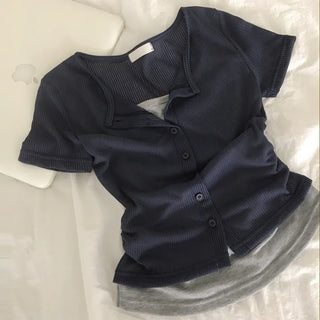 Effortless Chic, One-piece Layered Ribbed U-Neck Button Side Shirring Delicate Fit Short Sleeve Cardigan T-Shirt