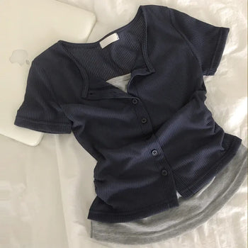 Effortless Chic, One-piece Layered Ribbed U-Neck Button Side Shirring Delicate Fit Short Sleeve Cardigan T-Shirt