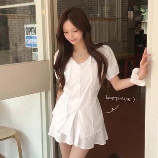 Innocent Mood, Back Ribbon Strap Waist-Cinched Delicate Fit Short Sleeve Blouse + Flare Elastic Mini Skirt Two-Piece Outfit Set