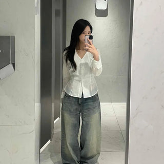 Loose Fit Wide Washed Button Long Pants