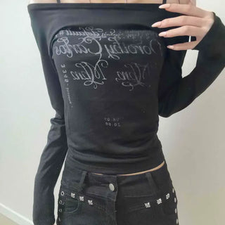 Off-shoulder Lettering Slim Fit Daily Long Sleeve T-shirt